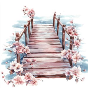 10 akvarellblommor Clipart med bro, sjöpromenad, bröllopsväg (digital nedladdning)