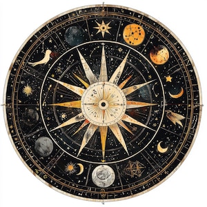 May include: A detailed illustration of a celestial chart, featuring a central compass rose design with radiating points. The chart is predominantly black with gold accents, depicting planets, constellations, and celestial bodies. The outer ring includes zodiac symbols and star patterns.