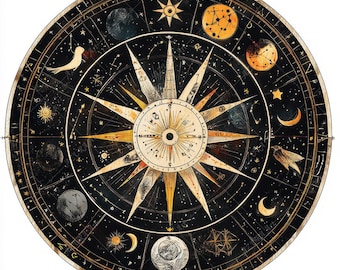 Astrology Wheel Clipart, Celestial Moon Painting (Digital Download)