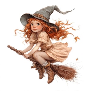 Puede incluir: Ilustración de una joven bruja con cabello rojo, que lleva un sombrero puntiagudo gris y un vestido color melocotón, montada en una escoba. La bruja sonríe y caen hojas de otoño a su alrededor.