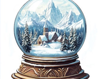 Julsnöglob Clipart, vinterbyscen (digital nedladdning)