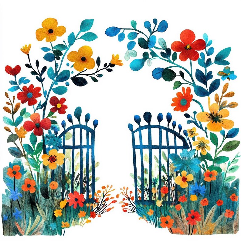 Garden Gate Clipart, Colorful Floral Entrance, Wall Art (digital ...