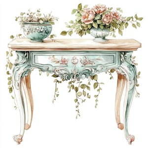 Op de afbeelding: Waterverfillustratie van een decoratieve tafel met een lichtblauwe basis en een lichtbruin blad. De tafel heeft sierlijke snijwerk en is versierd met twee vazen met bloemen en hangend groen. De vazen zijn lichtblauw en de bloemen zijn roze.
