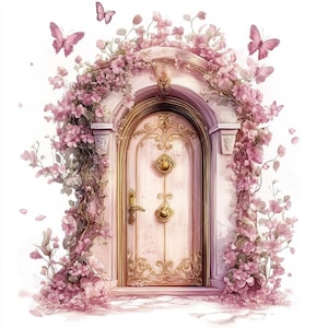 Op de afbeelding: Waterverfillustratie van een roze deur met gouden accenten, versierd met roze bloemen en vlinders. De deur is gewelfd en omlijst door een witte stenen structuur. Het thema is speels en romantisch.