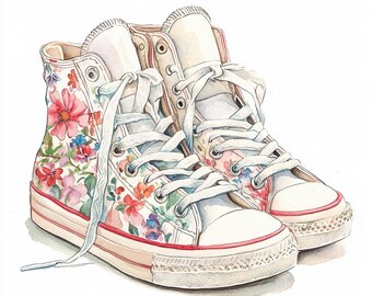 10 Floral Sneakers Watercolor Clipart, Fashion Illustration (Digital Download)