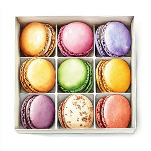 Könnte beinhalten: Eine Schachtel mit neun bunten Macarons, jeder in einer anderen Farbe. Die Macarons sind in einem Raster angeordnet, mit Farben wie Gelb, Rosa, Lila, Grün und Orange. Die Schachtel ist weiß.