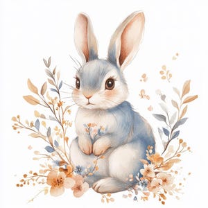 10 Sweet Floral Bunny Illustration Clipart, Rabbit, Kids Art, Printable clipart, High Quality, Digital download, Paper craft, Journal