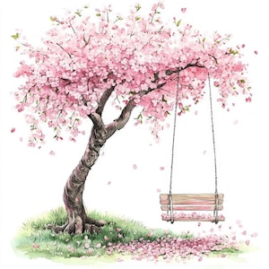 May include: A watercolour illustration of a cherry blossom tree in full bloom, with a wooden swing suspended from a branch. Pink petals fall from the tree. The trunk is brown, and the grass is green.