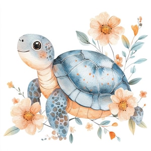 Könnte beinhalten: Aquarellillustration einer Meeresschildkröte mit blauem Panzer und hellorangefarbener Haut. Die Schildkröte ist von pfirsichfarbenen Blumen und grünen Blättern umgeben, was ein skurriles und von der Natur inspiriertes Design ergibt.