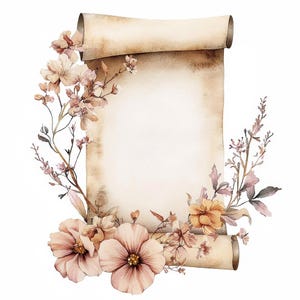 May include: Watercolor illustration of a parchment scroll with a floral arrangement. The scroll is a light brown color with a blank center. The flowers are in shades of pink, peach, and brown, with green stems and leaves.