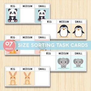 Może przedstawiać: Edukacyjne karty do sortowania rozmiarów z ilustracjami zwierząt, w tym pand, pingwinów, słoni i królików. Każda karta podzielona jest na sekcje oznaczone jako „Duży”, „Średni” i „Mały” do sortowania. Zestaw zawiera 07 stron.