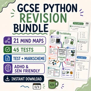 Peut inclure: Un ensemble de révision GCSE Python comprenant du matériel pédagogique avec 21 cartes mentales, 45 tests et des corrigés. Le lot inclut une carte mentale intitulée Introduction to Python Chapter 1A et des feuilles de test 12 et 27 avec du code.