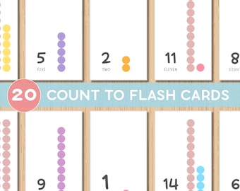 Count To Flash Cards , 1-20 Kids Flash Cards , Preschool, Kindergarten , Pre-K Printable Activity Cards , Kids Early Numbers literacy cards