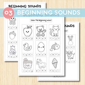 May include: Three black and white educational worksheets for children. The worksheets are titled "Beginning Sounds" and feature illustrations of objects like an apple, teddy bear, and cat. The task is to color the beginning word.