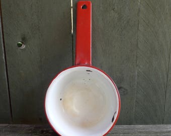 vintage enamelware red and white saucepan - country kitchen - tin - rustic