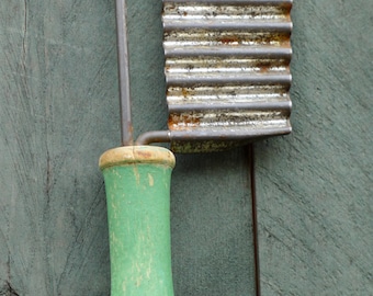 On Sale! vintage kitchen - wooden handled potato/veggie slicer - green - rustic kitchen utensil