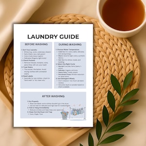 May include: A laundry guide with text detailing washing instructions. The guide is on a white paper with black text, including sections on sorting laundry, water temperature, and drying. A cup of tea and decorative woven mat are in the background.