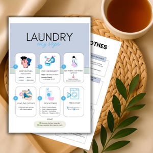 May include: A laundry guide with six steps, including sorting clothes, adding detergent, and pressing start. The guide is on a white paper with blue and green accents, next to a cup of tea and a woven mat.