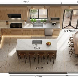 May include: An overhead floor plan of a kitchen and dining area featuring light wood cabinetry, a white marble-topped island with four stools, and a wooden dining table with eight chairs. Dimensions are labeled in millimeters throughout the layout.