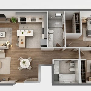 May include: A top-down floor plan of a two-bedroom apartment featuring a living room with a sectional sofa, a kitchen with an island, a dining area with a round table, two bathrooms, and two bedrooms with queen-sized beds and walk-in closets.