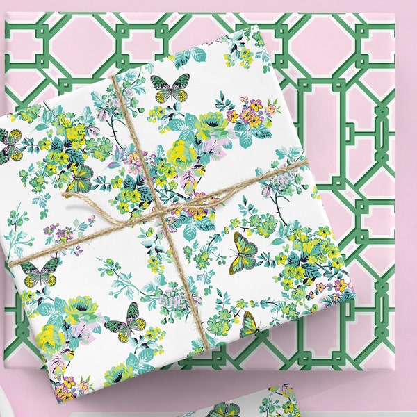 Gift Wrap . Butterfly Dream and Geo-Trellis (Pink) by Loralee Lewis