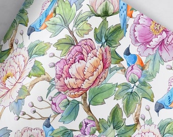 Gift Wrap. Peonies and Robins by Loralee Lewis