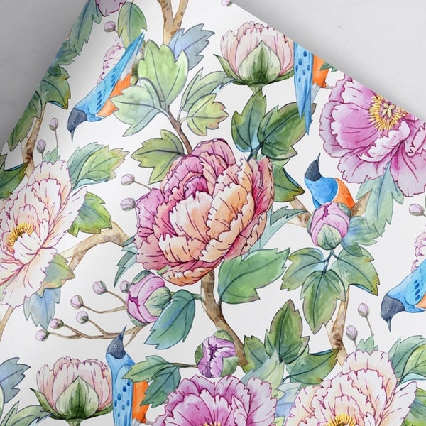 Gift Wrap. Peonies and Robins by Loralee Lewis