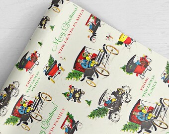 Personalized Gift Wrap . Vintage Christmas Driving (Brown Skin Version) . Loralee Lewis