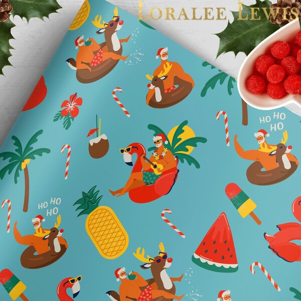 Christmas Gift Wrap . Hot Santa Blue by Loralee Lewis