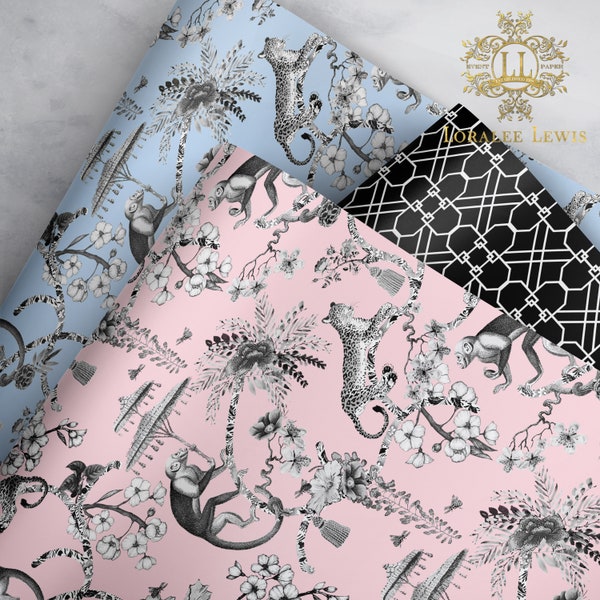 Gift Wrap . Chinoiserie Jungle (Pink or Blue) . Geo-Clover Trellis Black by Loralee Lewis