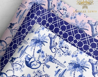Gift Wrap . Chinoiserie Jungle (White or Pink) . Geo-Clover Trellis (Blue) by Loralee Lewis