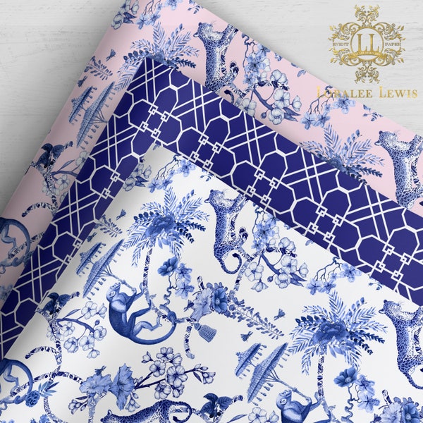 Gift Wrap . Chinoiserie Jungle (White or Pink) . Geo-Clover Trellis (Blue) by Loralee Lewis