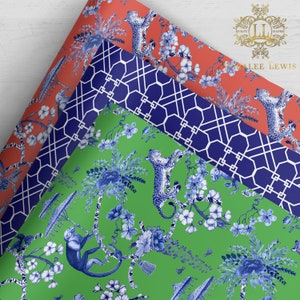 Gift Wrap . Chinoiserie Jungle (Green or Red-Orange) . Geo-Clover Trellis Blue by Loralee Lewis