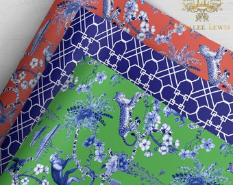 Gift Wrap . Chinoiserie Jungle (Green or Red-Orange) . Geo-Clover Trellis Blue by Loralee Lewis