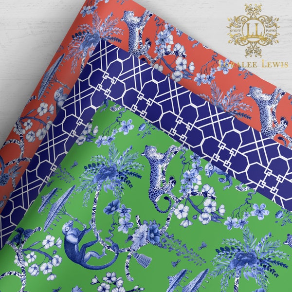 Gift Wrap . Chinoiserie Jungle (Green or Red-Orange) . Geo-Clover Trellis Blue by Loralee Lewis