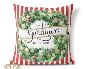 Pillow . Personalized Christmas Stripe Wreath by Loralee Lewis