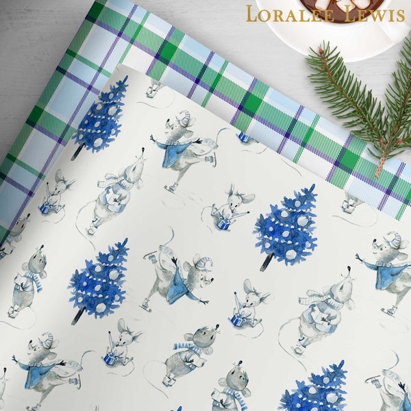 Christmas Mouse Blue Collection Gift Wrap by Loralee Lewis