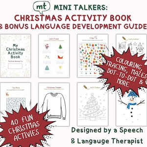 May include: A Christmas activity book and language development guide titled Mini Talkers. The pages feature tracing exercises, I Spy games, mazes, and coloring sheets with Christmas themes like Santa, trees, and snowmen. Includes 40 fun activities.