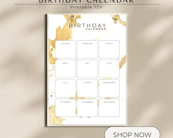 Birthday Calendar Printable Gold Foil Style Perpetual Birthday Tracker A4 Digital Download Reminder Family Birthday Planner PDF Printable