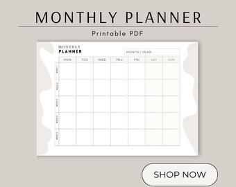 Undated Monthly Planner Printable Landscape,  Minimalist Design, Instant Download, Printable A4 Size