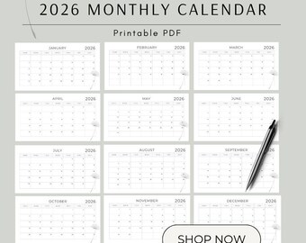 2026 Monthly Calendar Planner Landscape Elegant Monthly Calendar Monday Start 2026 Wall Calendar Monthly PRINTABLE PDF A4 Size