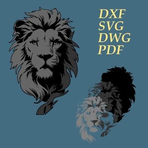 Pode incluir: Ilustração digital da cabeça de um leão em tons de cinza e preto, com uma juba e traços faciais detalhados. A imagem inclui o texto "DXF, SVG, DWG, PDF", sugerindo arquivos de design digital.
