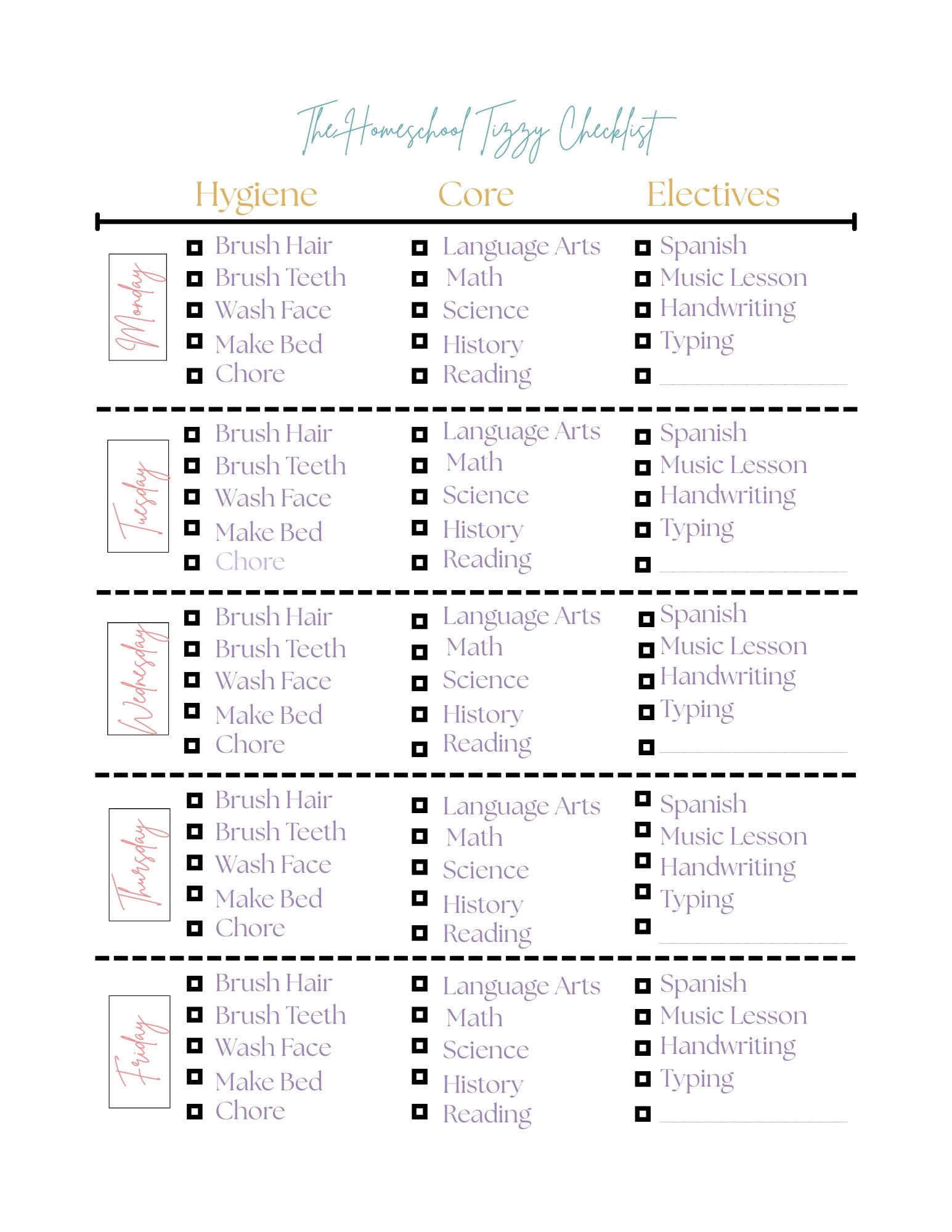 Homeschool Daily Checklist for Tweens & Teens – The Tizzy Routine Sheet (Printable PDF)
