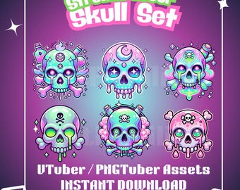 Pastel Goth Skull Overlay Pack – Twitch Stream & VTuber Decor PNG Bundle