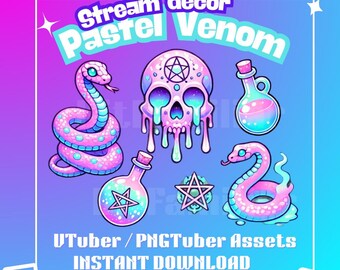 Pastel Venom Stream Overlay Decorations – Snake, Skull, Potion PNG Bundle for Twitch & VTubers
