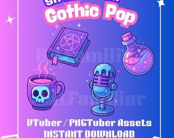 Pastel Goth Stream Decorations | PNG Overlay Assets for VTubers & PNGTubers | Potion, Mic, Spell book, Mug