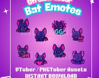 Twitch Emotes Bat Stream Pet Set | Cute Kawaii Bat Emotes | Pastel Goth VTuber Emote Pack – PNG Digital Download