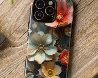 3D-telefoonhoesje bloemen: glas-in-lood, bloemen telefoonhoesjes, glas-in-loodkunst, glanzend of mat, stoer hoesje voor iPhone, Google Pixel en Samsung