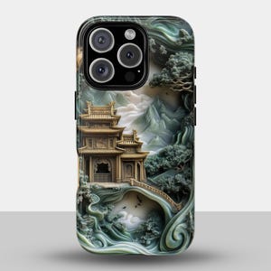 Étui de téléphone paysage - Art de la montagne en jade asiatique - Étui esthétique pittoresque pour iPhone, Samsung et Pixe
