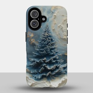 May include: A phone case featuring a winter scene with a blue fir tree and a textured, cloudy background. The case has a glossy finish and a raised design, with a camera cutout at the top.